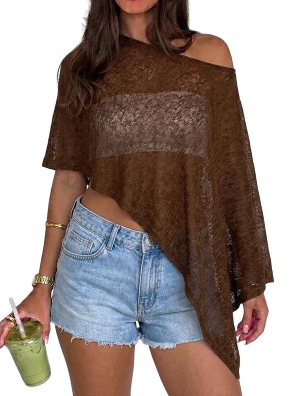 Women Sheer Poncho Top Asymmetrical Mesh Knit Shrug Y2k Going Out Tops Vacation